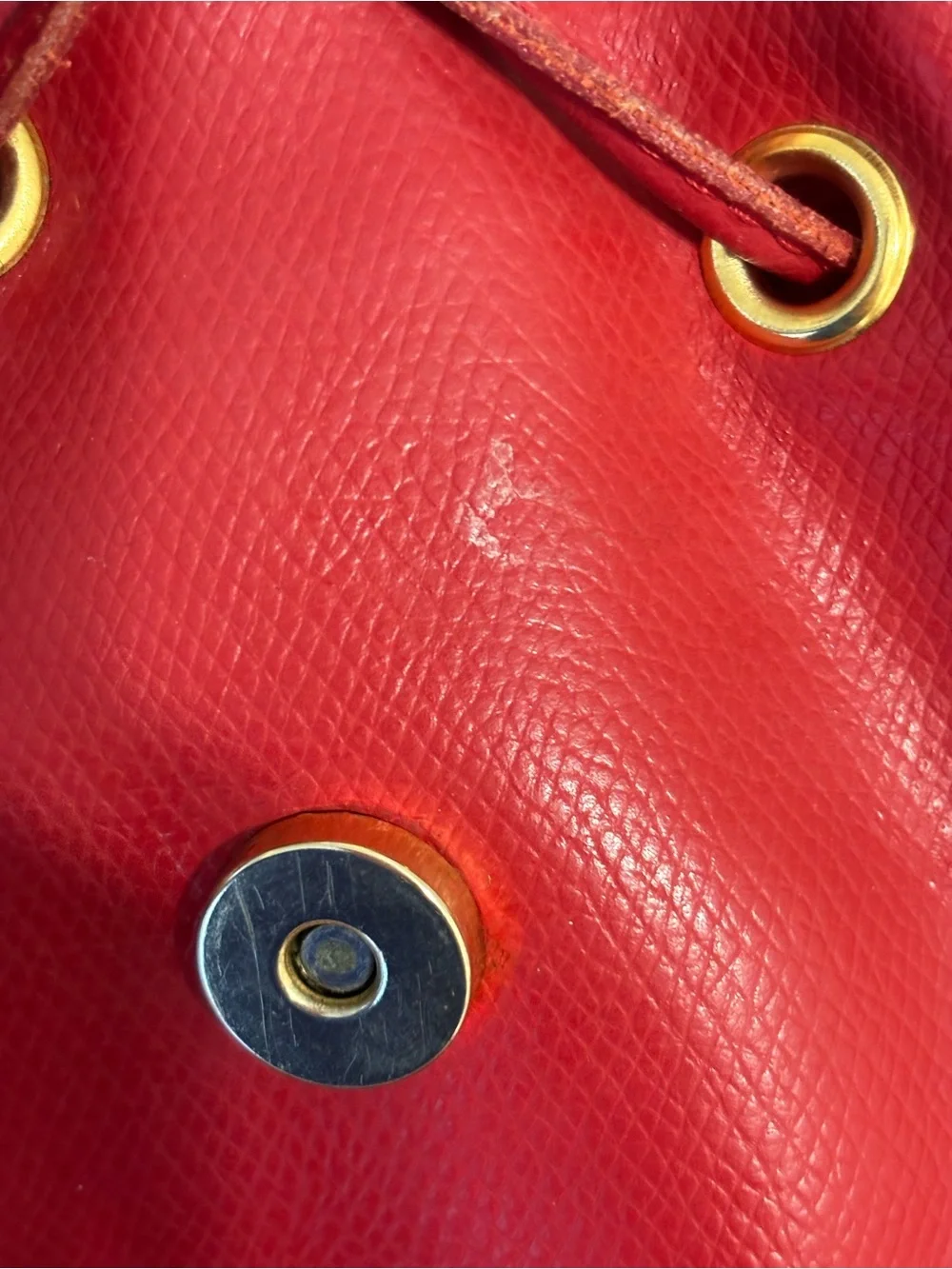 Vintage MCM München Red Leather Small Backpack Drawstring Flap Gold Hardware